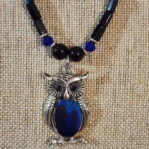 Hand Crafted Pendant Necklace Owl Feathered Silver Beaded